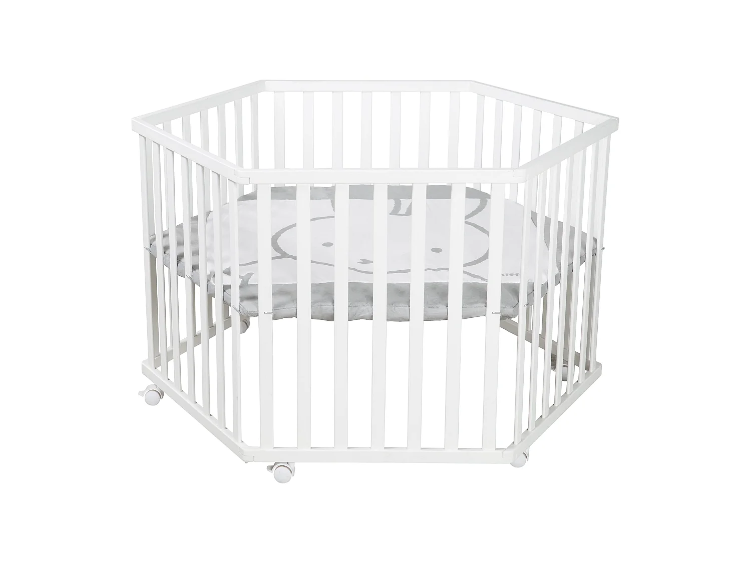 Parque de juegos de madera Miffy blanco de 6 lados con inserción textil - Altura ajustable y ruedas con freno