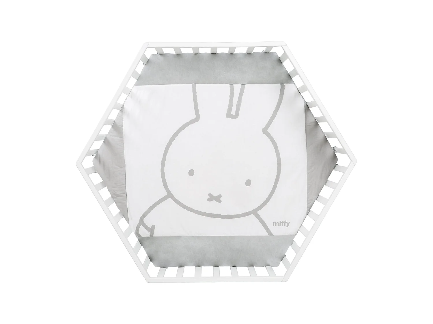 Parque de juegos de madera Miffy blanco de 6 lados con inserción textil - Altura ajustable y ruedas con freno