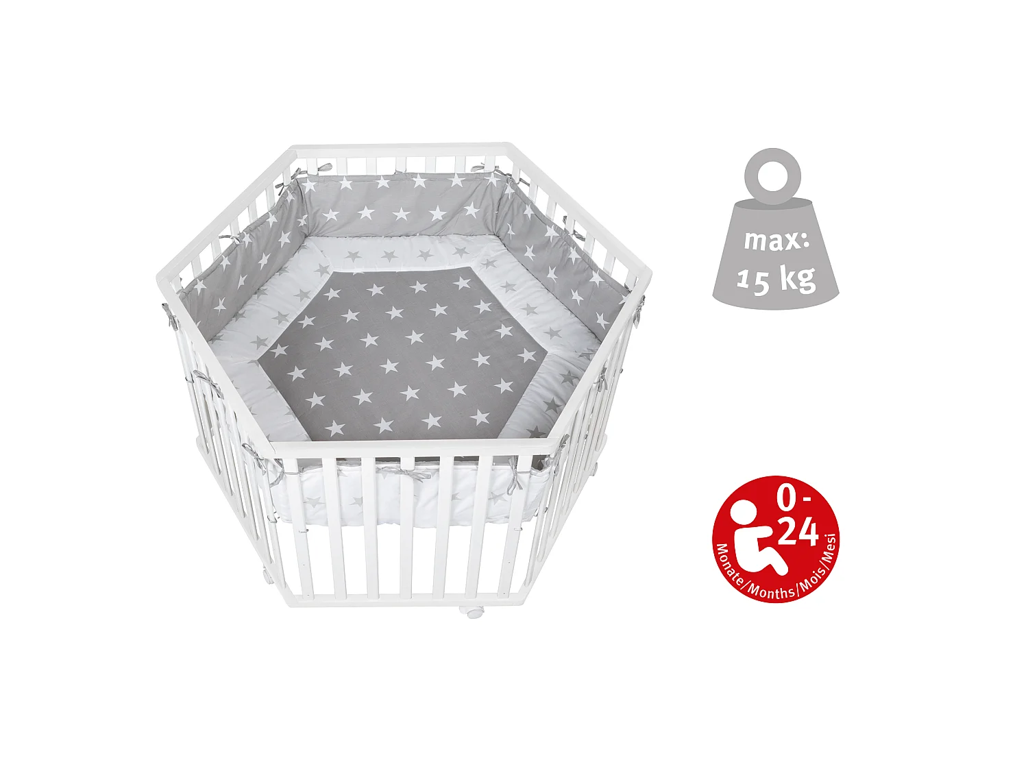 Recinto giochi esagonale in legno Roba Little Stars con inserto tessile e ruote