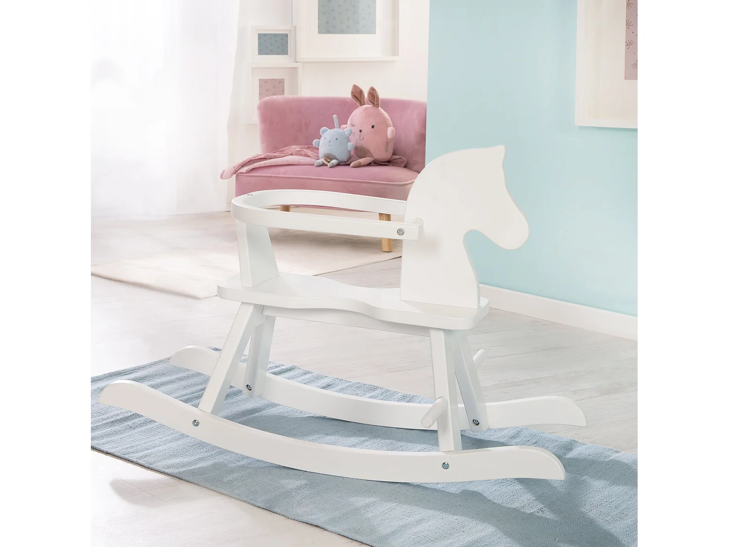 Caballo Mecedora Blanco con Características de Seguridad y Anillo de Protección Ajustable para Niños Pequeños