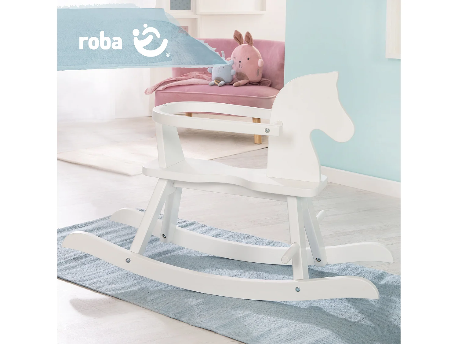 Caballo Mecedora Blanco con Características de Seguridad y Anillo de Protección Ajustable para Niños Pequeños