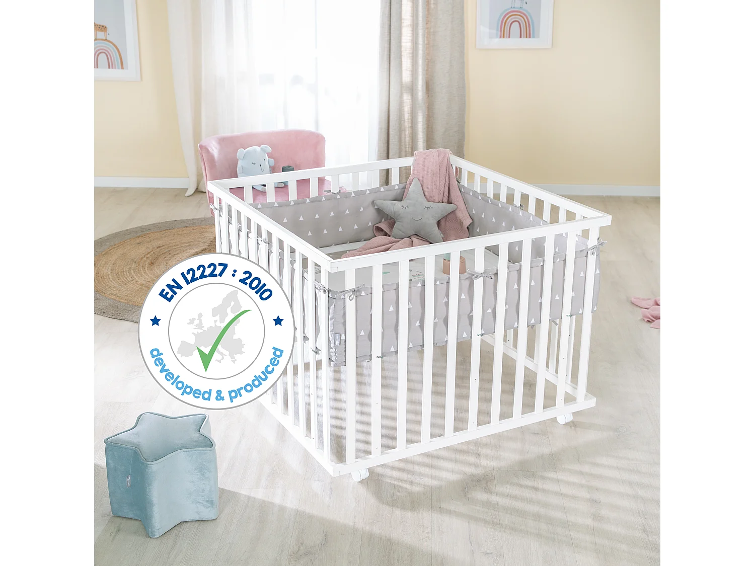 Indibär 100x100 cm Parc à Jouets en Bois avec Design Robuste et 3 Niveaux de Hauteur - Décoration Moderne et Mobilité