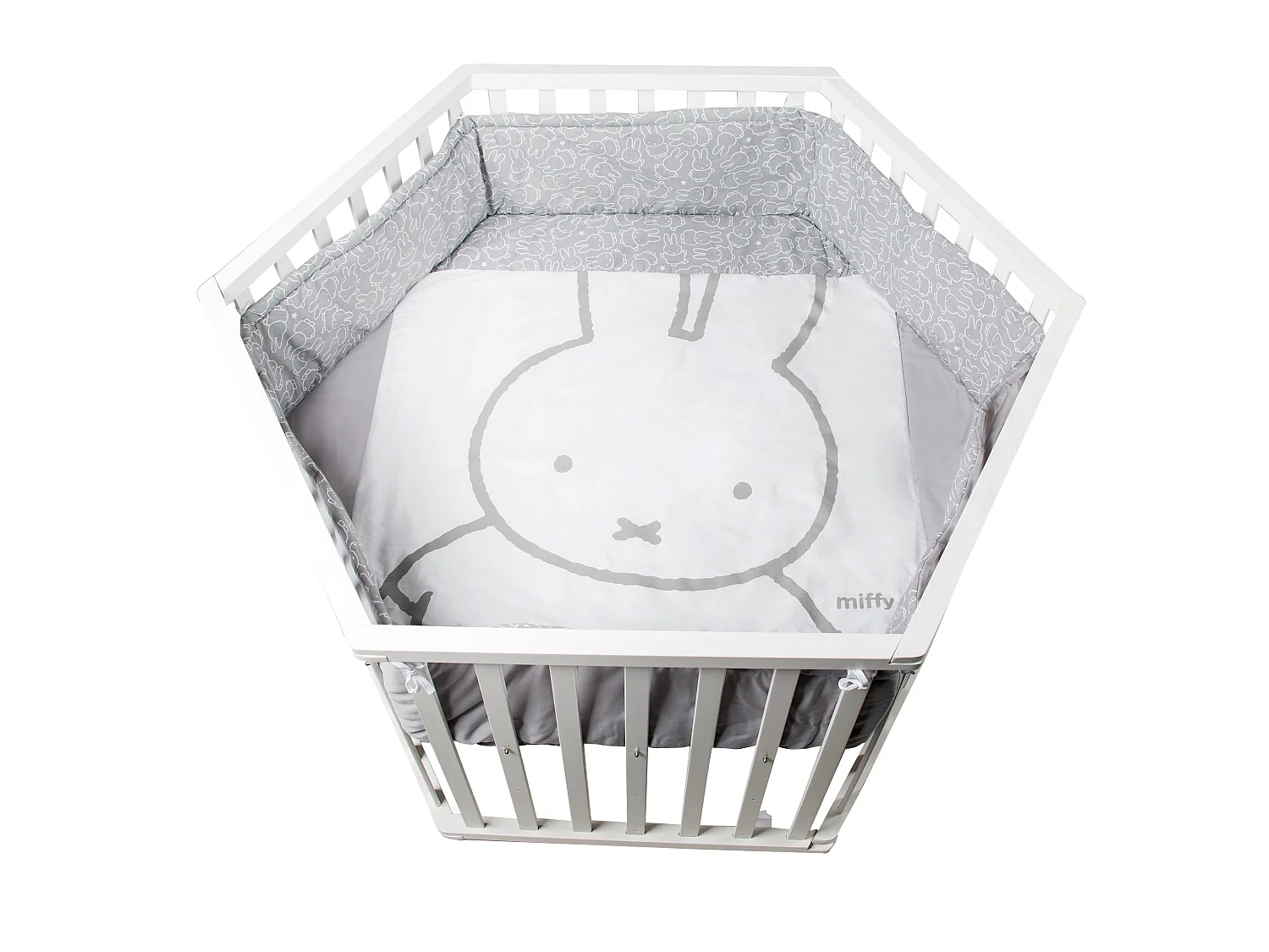 Recinto Giochi in Legno a 6 Lati Miffy con Inserto Tessile - Finitura Bianca