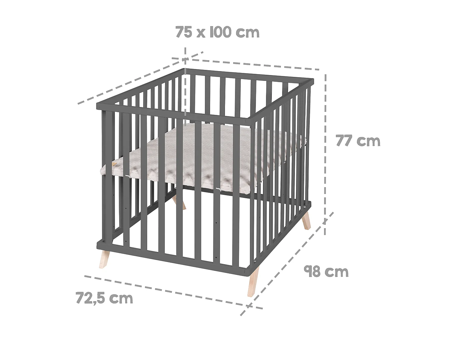 Parque Infantil de 4 Lados Roba con Inserto Lil Planet, Gris Antracita de Haya Biológica, Ecológico, Resistente, Ajustable en 3 Alturas