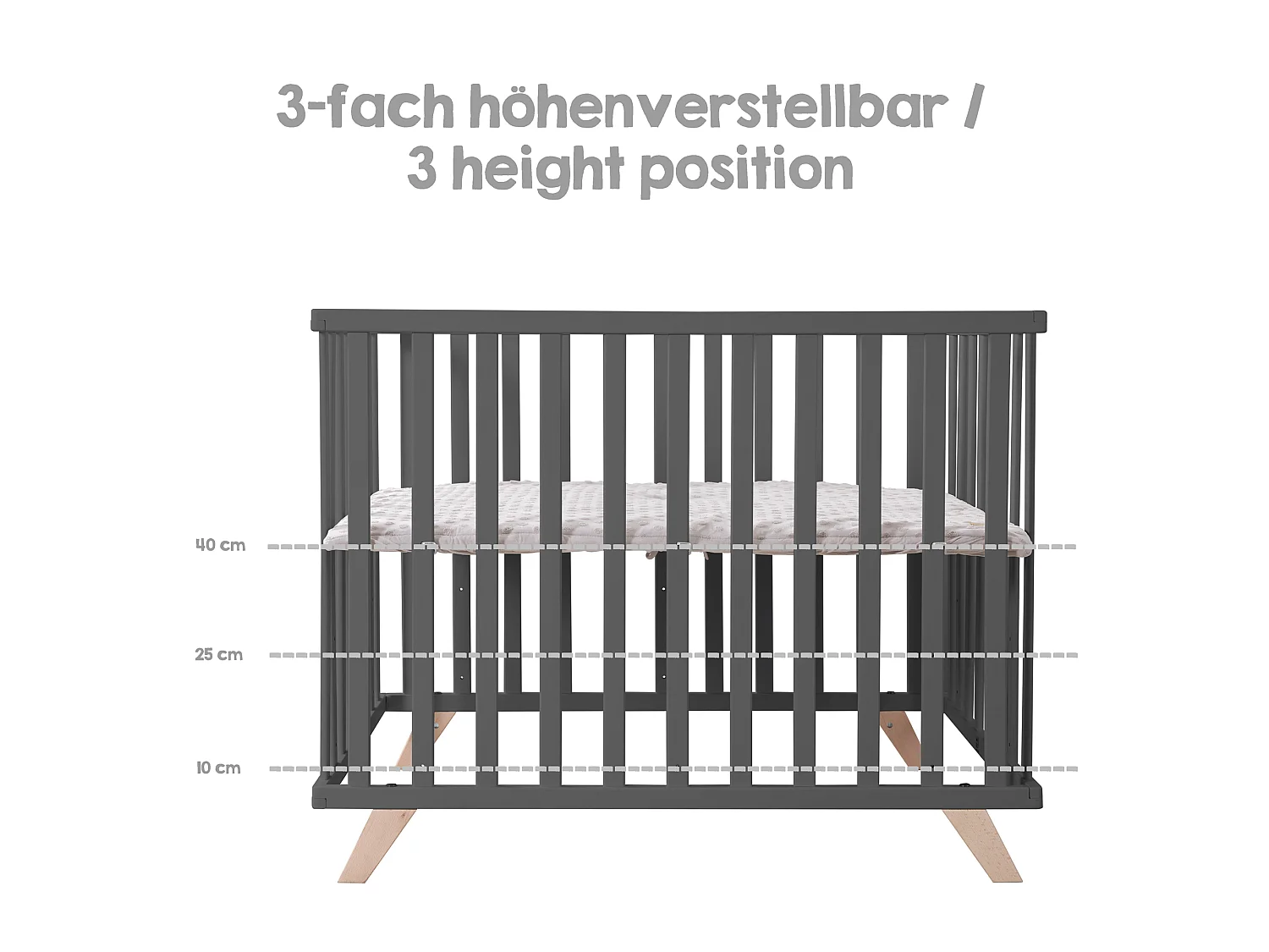 Parque Infantil de 4 Lados Roba con Inserto Lil Planet, Gris Antracita de Haya Biológica, Ecológico, Resistente, Ajustable en 3 Alturas