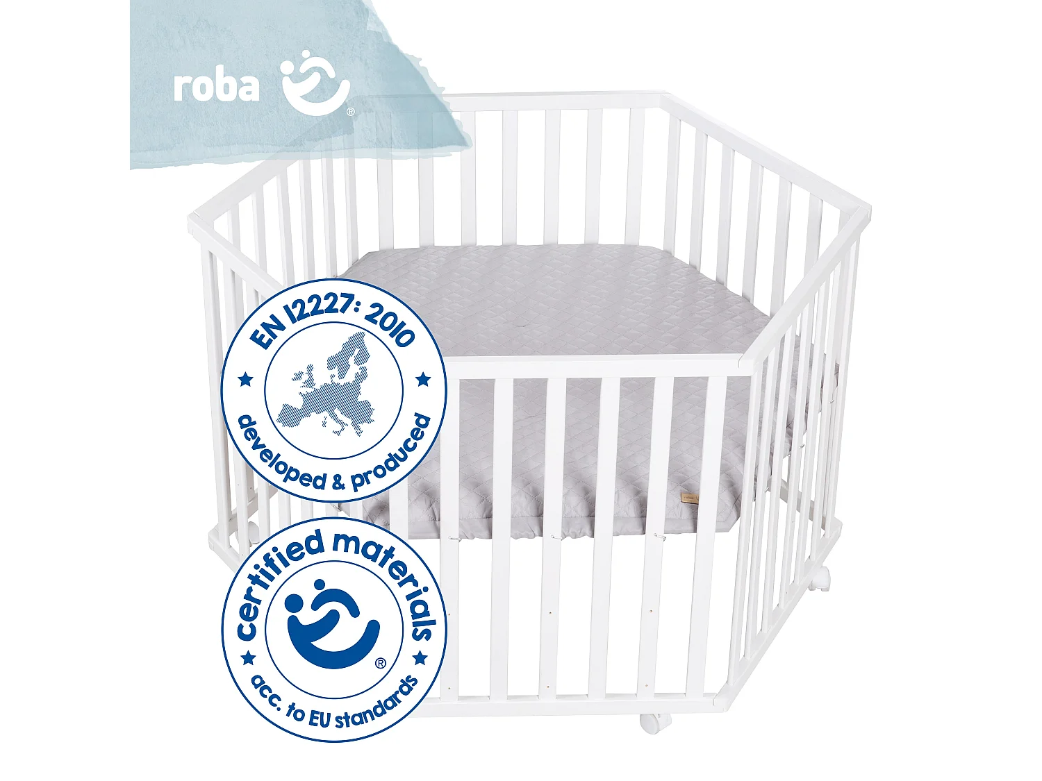 Parc Bébé Blanc 6 Côtés roba Style avec Rembourrage Gris Doux et Design Tendance