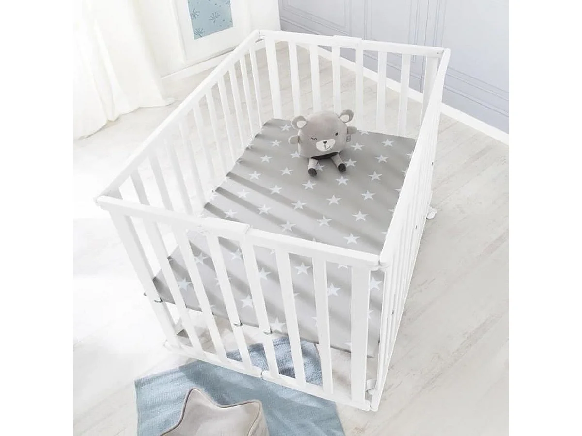 Parc pliable en bois ROBA Little Stars 75 x 100 cm - hauteur réglable, roulettes avec frein