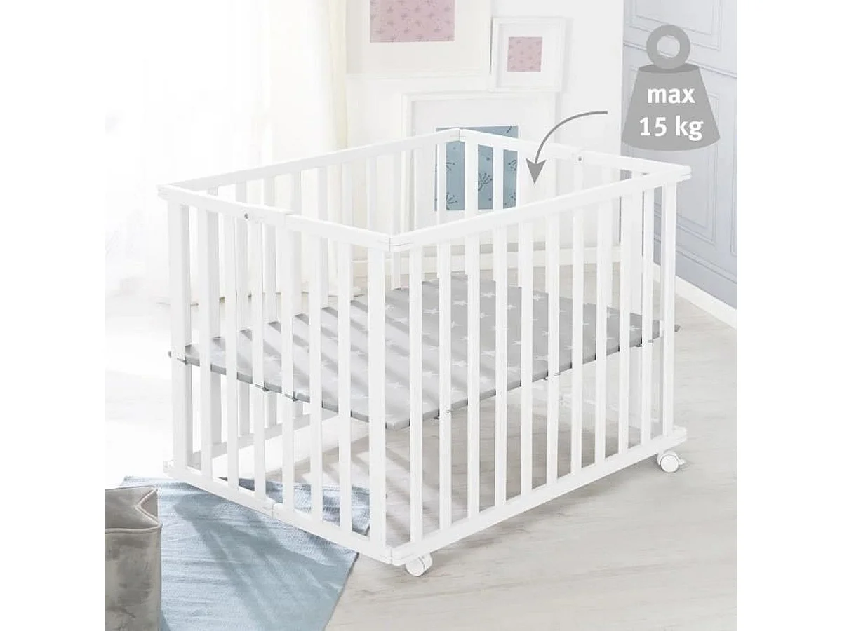 Parc pliable en bois ROBA Little Stars 75 x 100 cm - hauteur réglable, roulettes avec frein