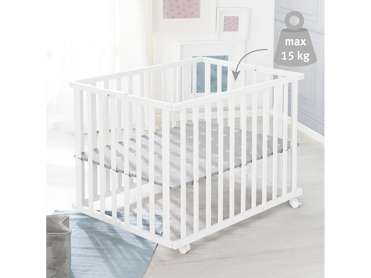 Parc pliable en bois ROBA Little Stars 75 x 100 cm - hauteur réglable, roulettes avec frein