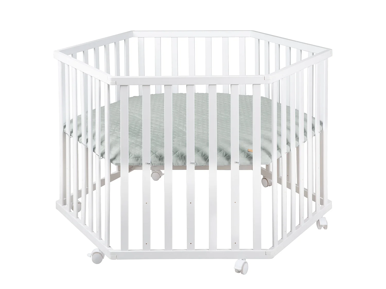 Recinto per bambini bianco roba Style a 6 lati con inserto imbottito verde e 6 ruote con freno