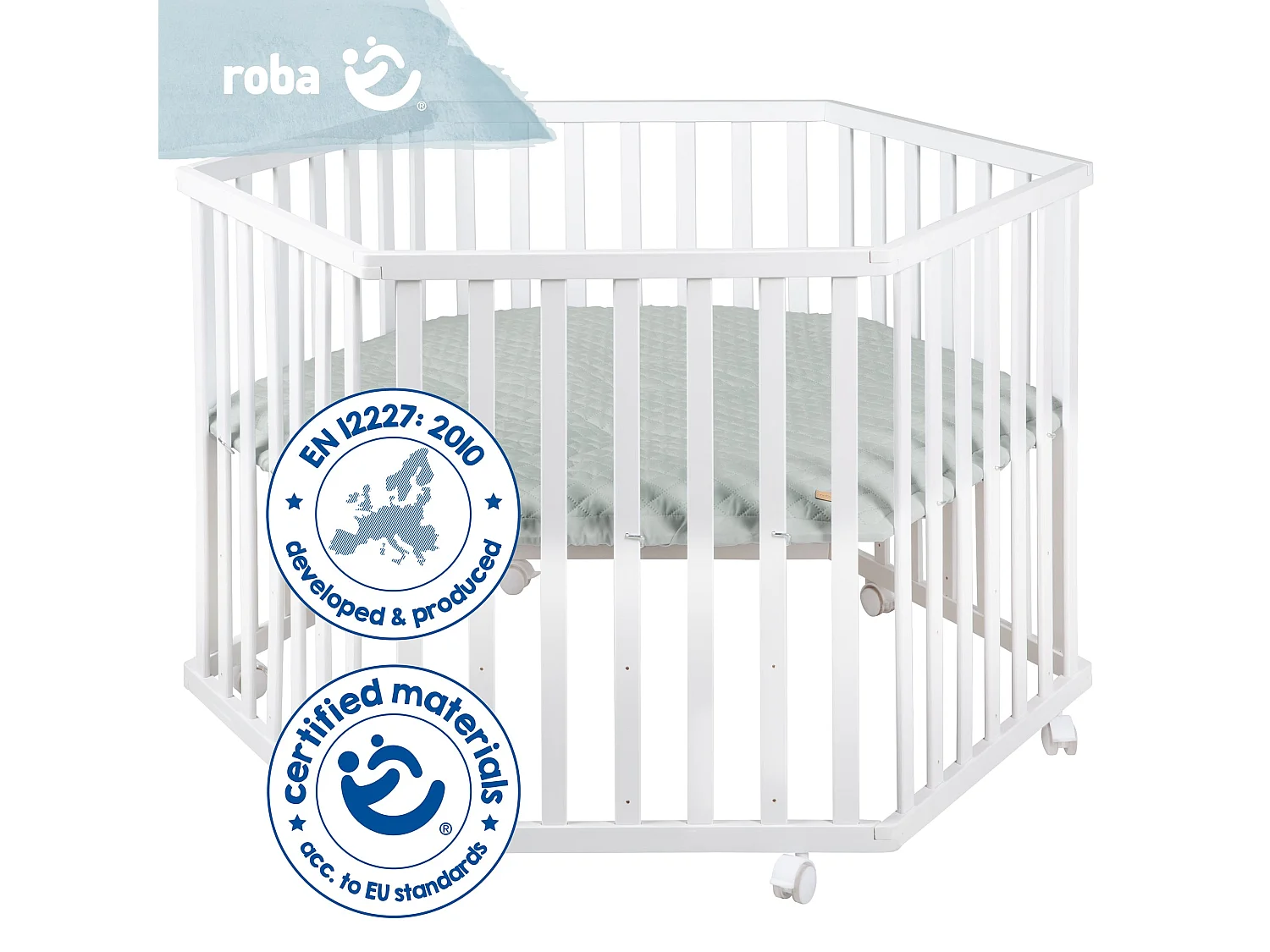 Recinto per bambini bianco roba Style a 6 lati con inserto imbottito verde e 6 ruote con freno