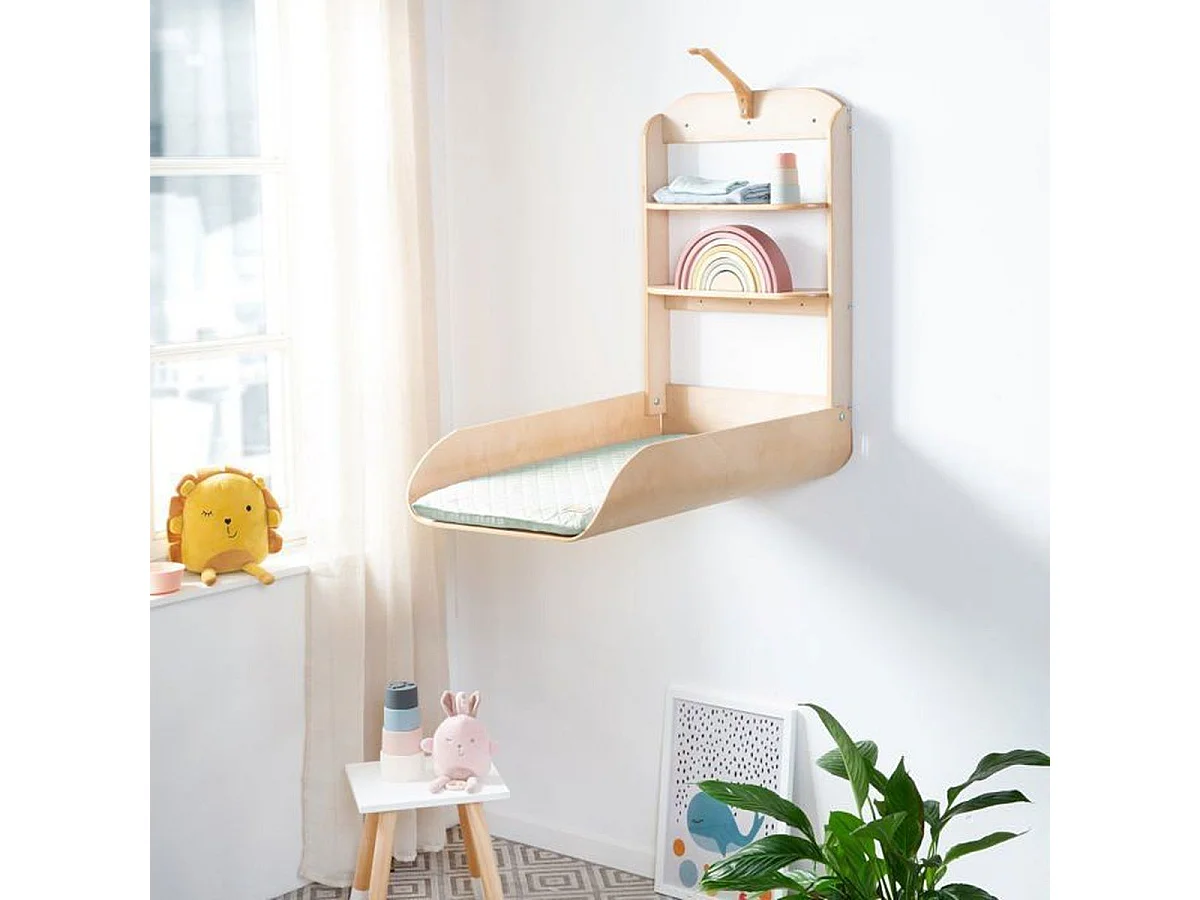 ROBA Table à langer murale pliable en bois naturel avec étagères intégrées
