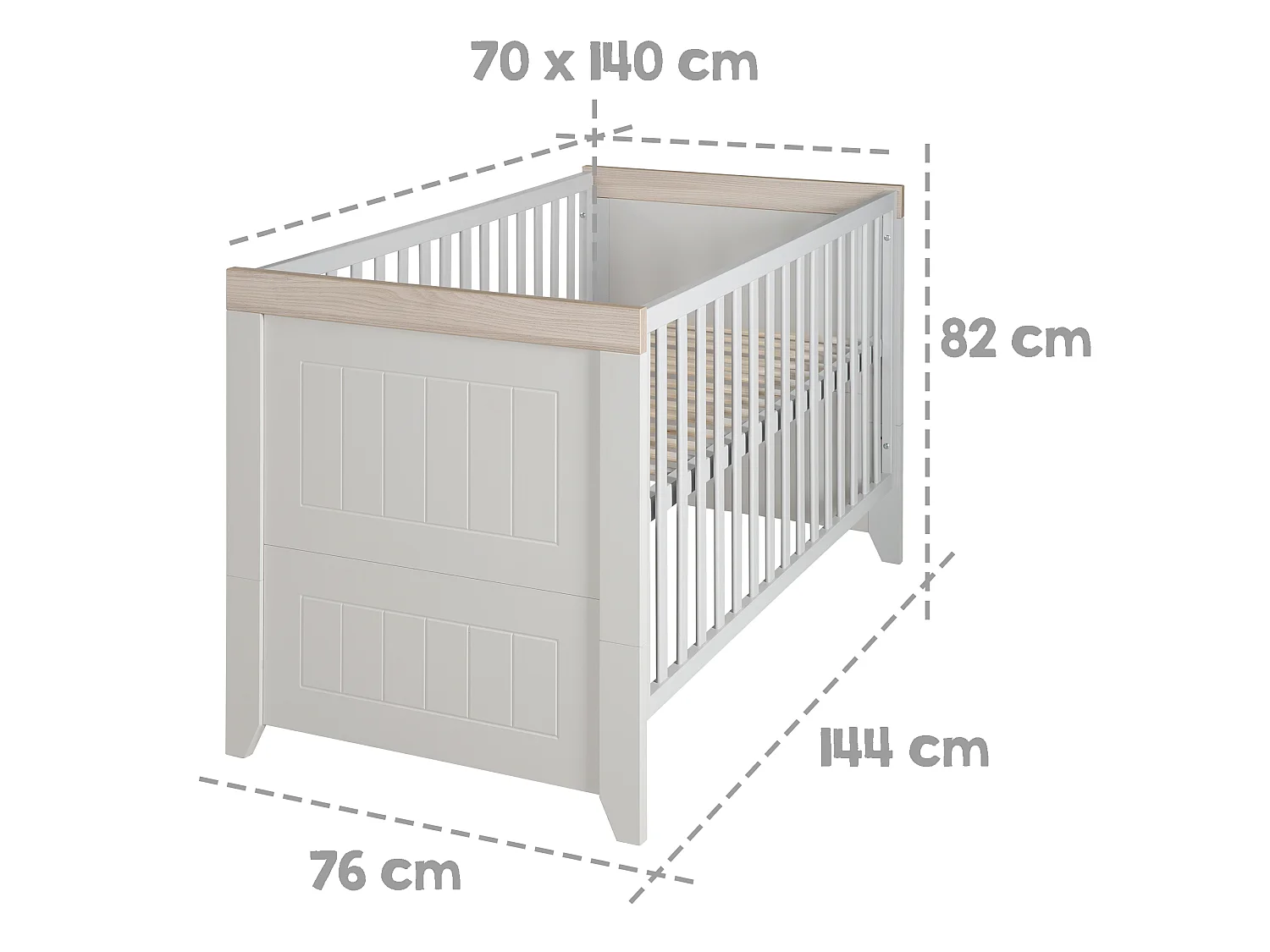 Lit Bébé et Junior Convertible Roba Helene - Luna Elm/Gris Clair, 3 Niveaux de Hauteur, Bois Solide, Design Moderne