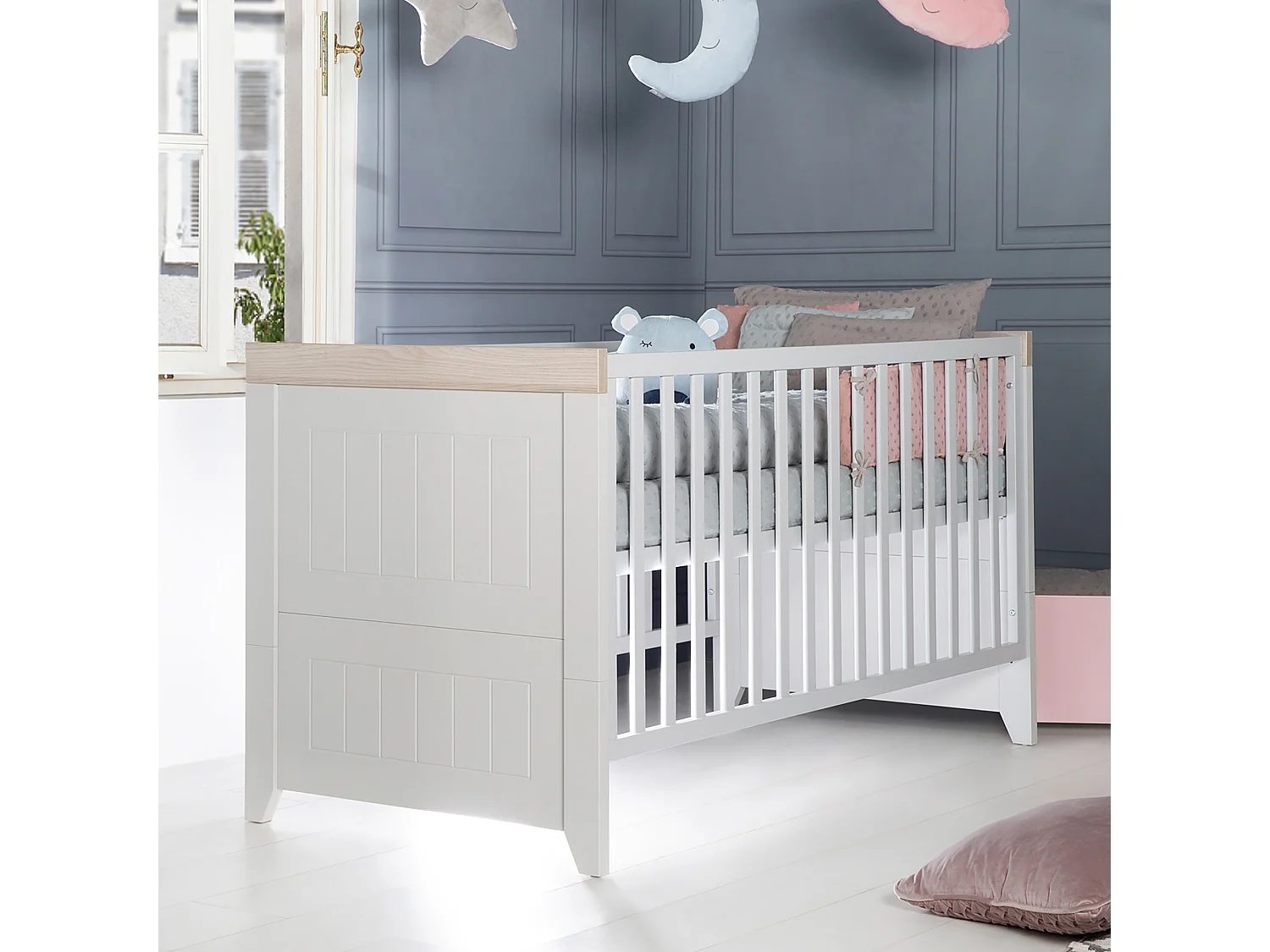 Lit Bébé et Junior Convertible Roba Helene - Luna Elm/Gris Clair, 3 Niveaux de Hauteur, Bois Solide, Design Moderne