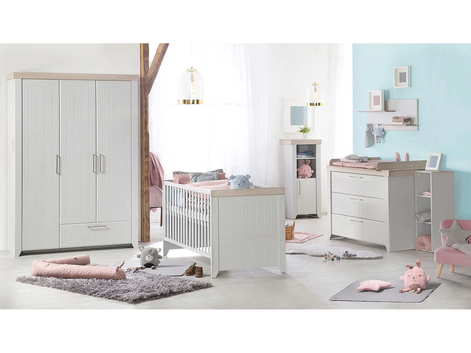 Lit Bébé et Junior Convertible Roba Helene - Luna Elm/Gris Clair, 3 Niveaux de Hauteur, Bois Solide, Design Moderne