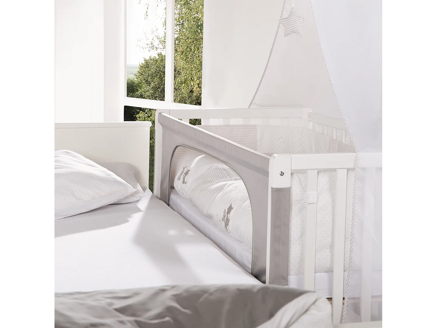 Lit Roba Room 60x120 cm Renard + Lapin Beistellbett avec Hauteur Réglable et Côté en Toile