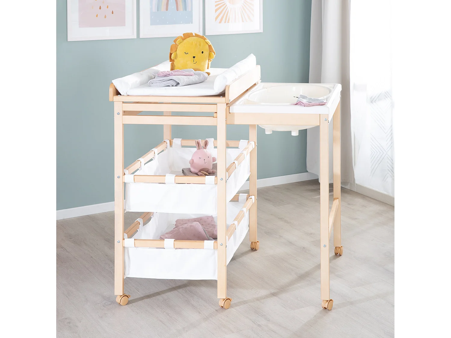 Mesa para Cambiar Pañales de Bebé Roba Extensible con Bañera y Almacenamiento - Roble Claro