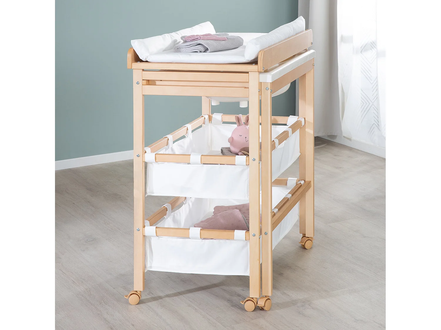 Mesa para Cambiar Pañales de Bebé Roba Extensible con Bañera y Almacenamiento - Roble Claro