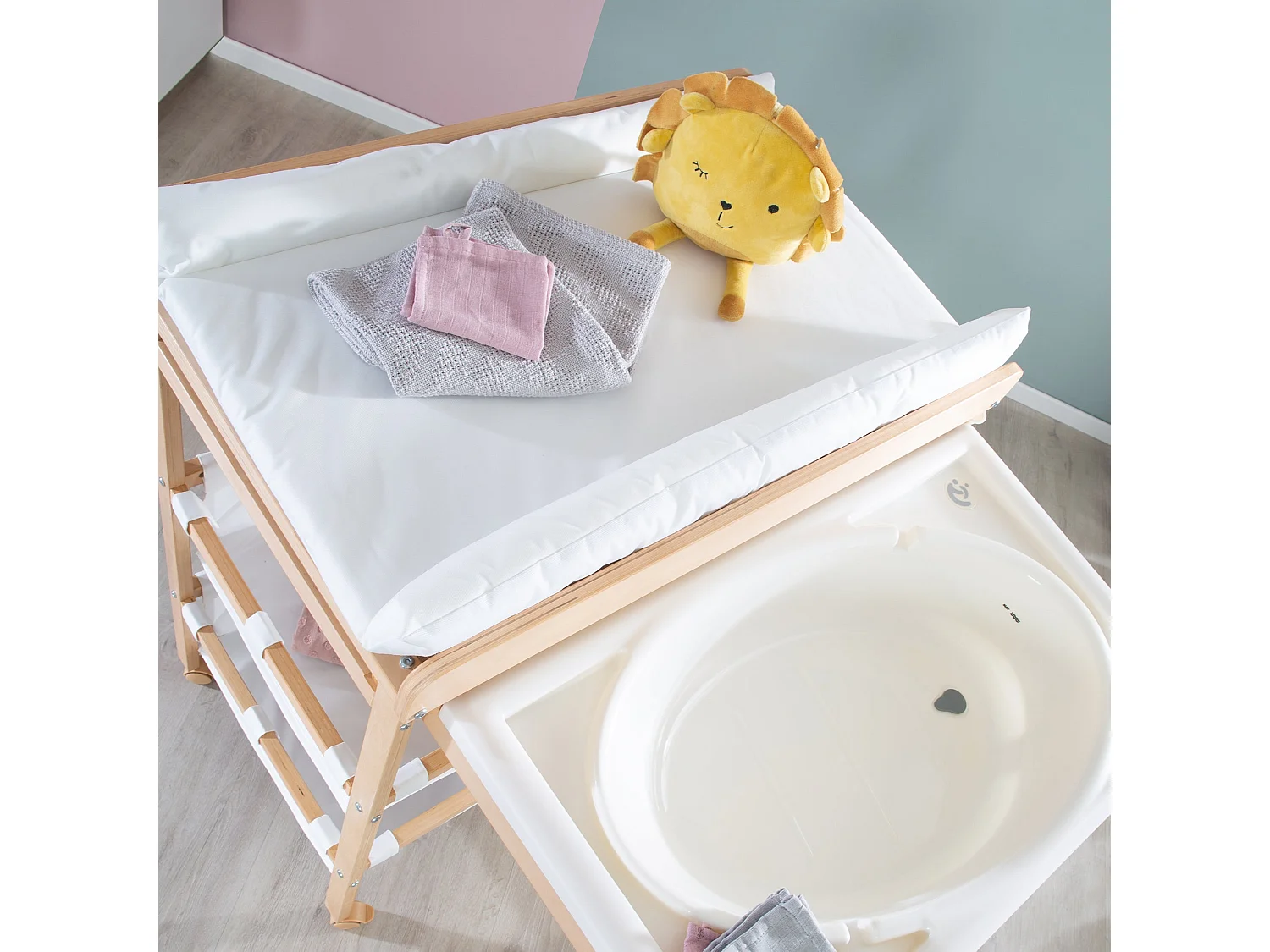 Mesa para Cambiar Pañales de Bebé Roba Extensible con Bañera y Almacenamiento - Roble Claro