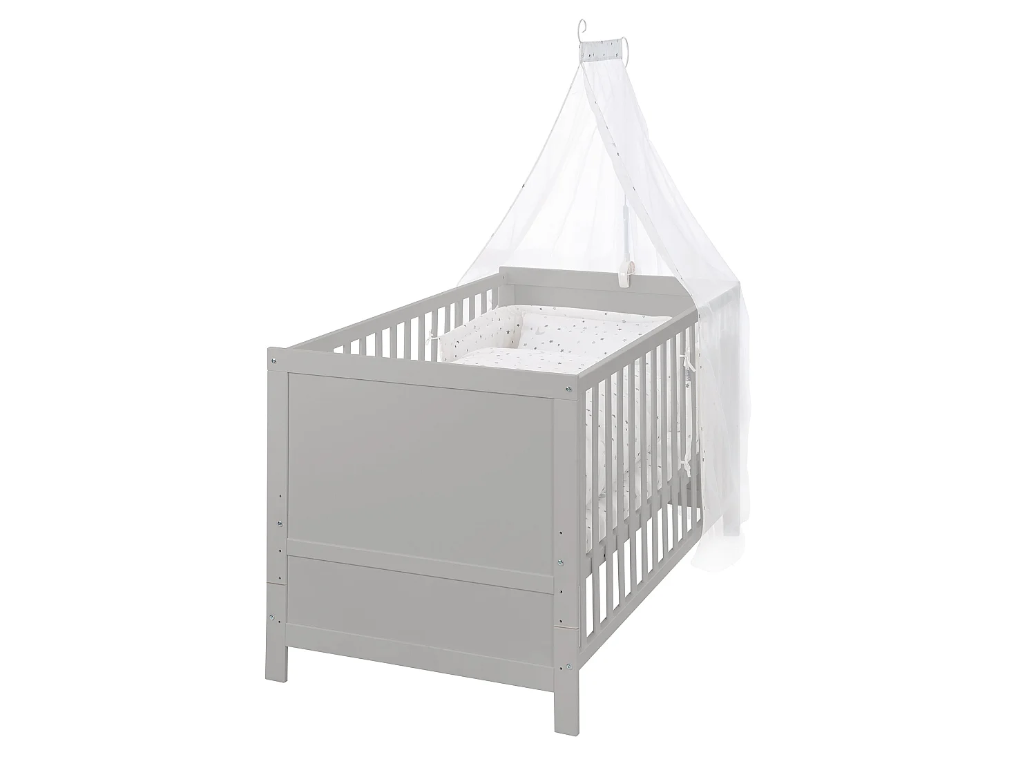 Ensemble de lit pour enfant Roba 70 x 140 cm Étoiles gris - Lit enfant combiné avec matelas, tour de lit et ciel de lit