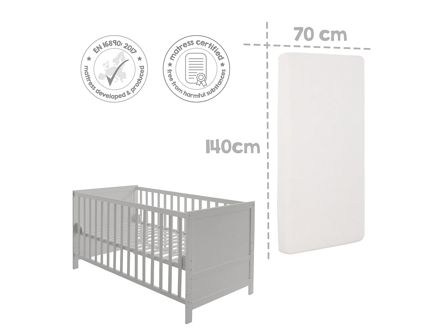 Ensemble de lit pour enfant Roba 70 x 140 cm Étoiles gris - Lit enfant combiné avec matelas, tour de lit et ciel de lit