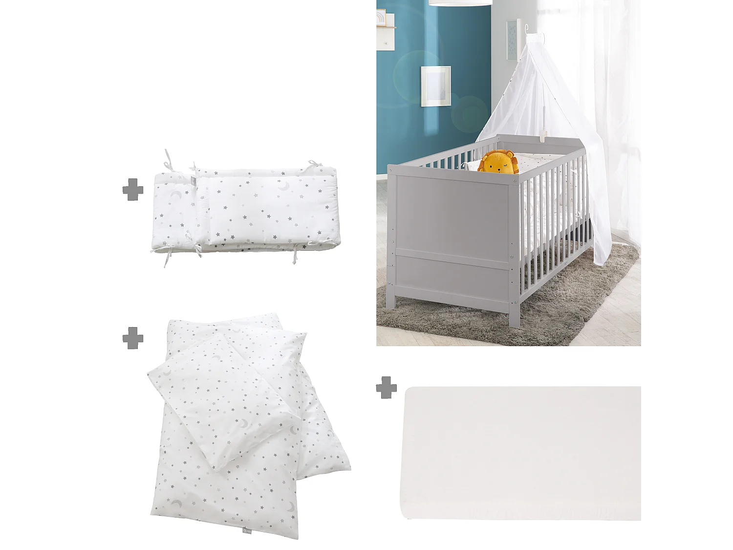 Ensemble de lit pour enfant Roba 70 x 140 cm Étoiles gris - Lit enfant combiné avec matelas, tour de lit et ciel de lit