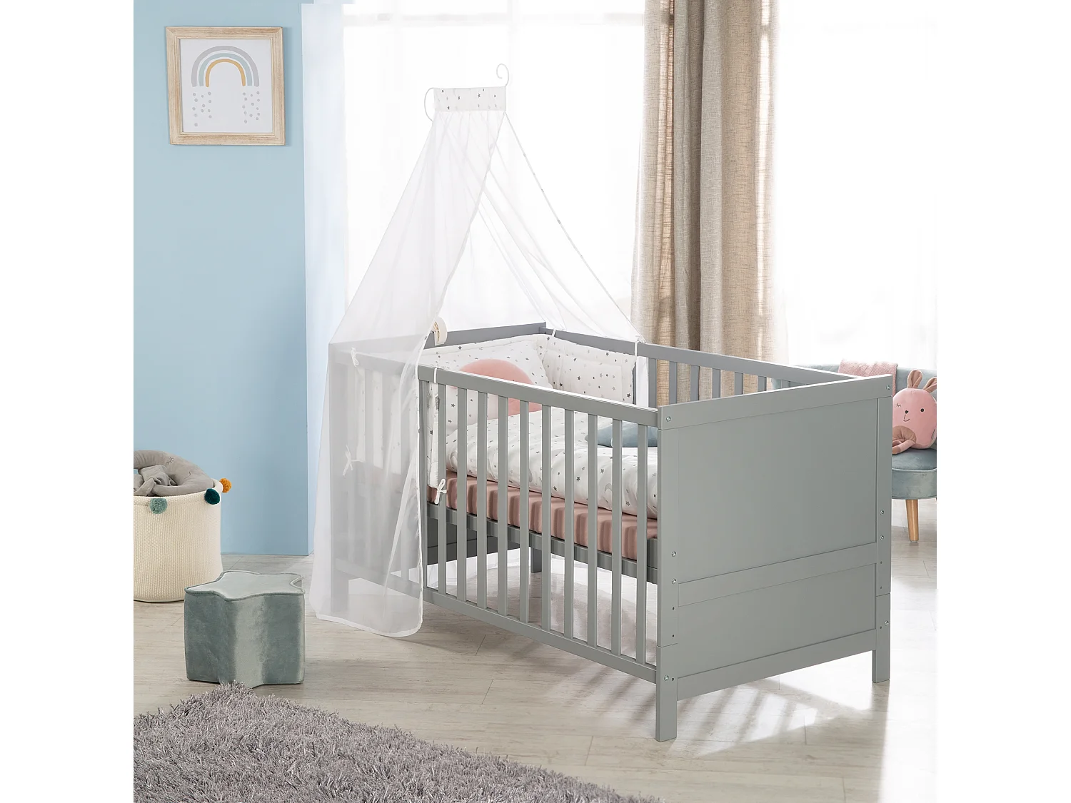 Ensemble de lit pour enfant Roba 70 x 140 cm Étoiles gris - Lit enfant combiné avec matelas, tour de lit et ciel de lit