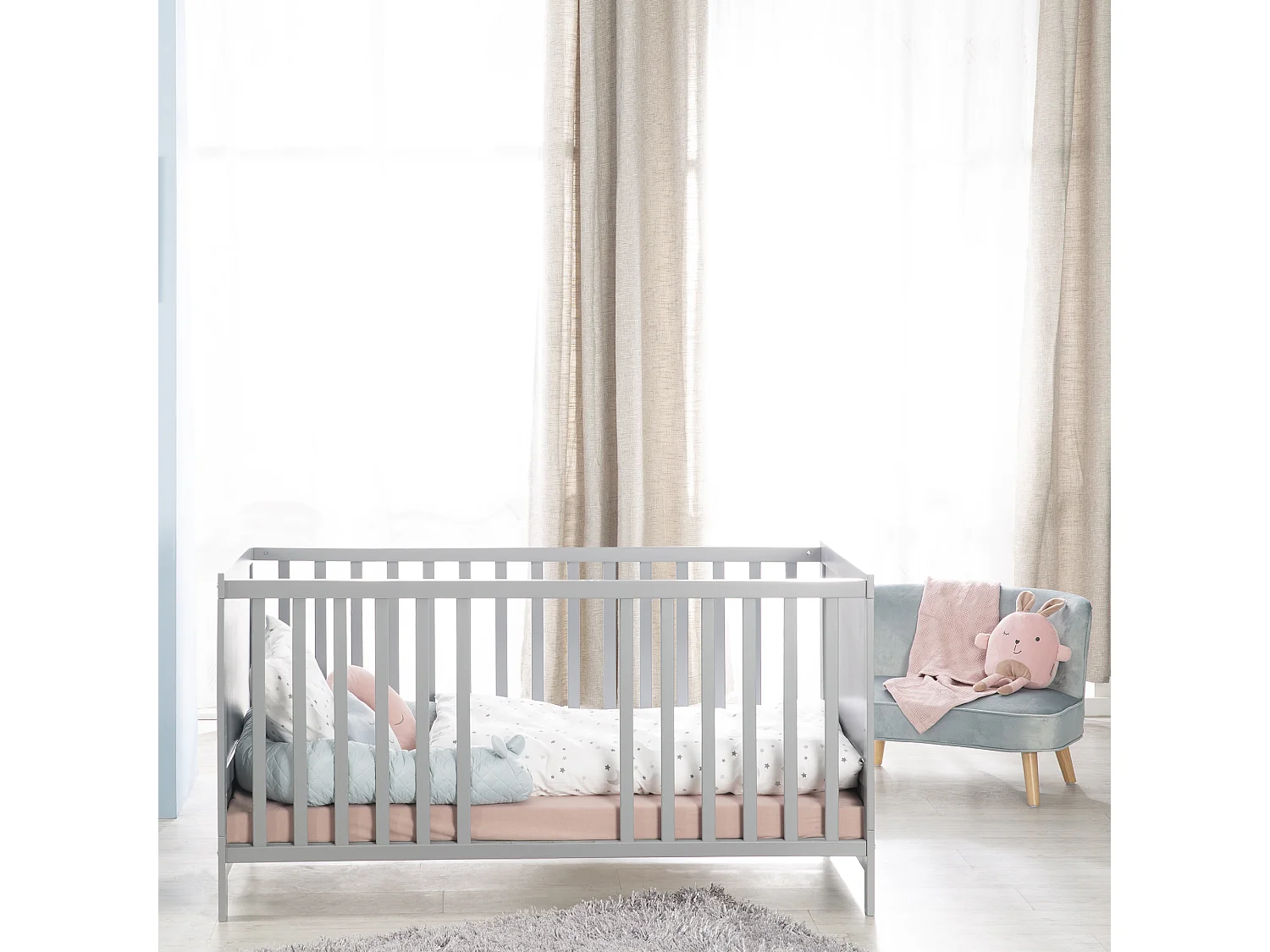 Ensemble de lit pour enfant Roba 70 x 140 cm Étoiles gris - Lit enfant combiné avec matelas, tour de lit et ciel de lit