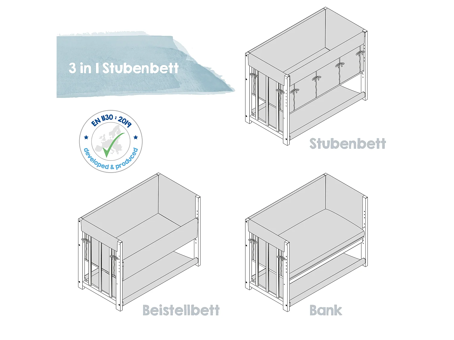 Lit Bébé 3 en 1 Roba en Gris Design Magique Étoile avec Matelas et Ensemble de Literie