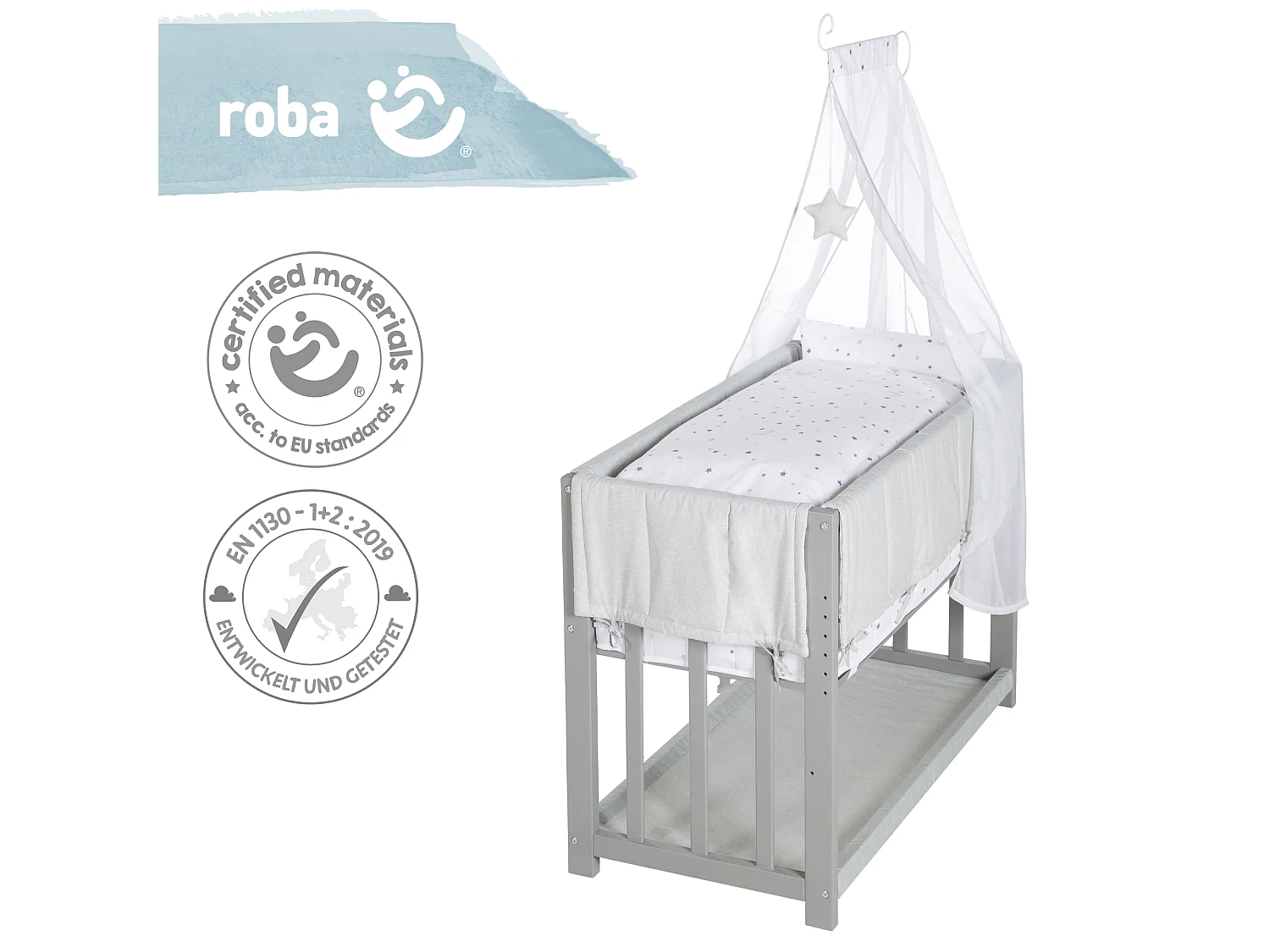 Lit Bébé 3 en 1 Roba en Gris Design Magique Étoile avec Matelas et Ensemble de Literie