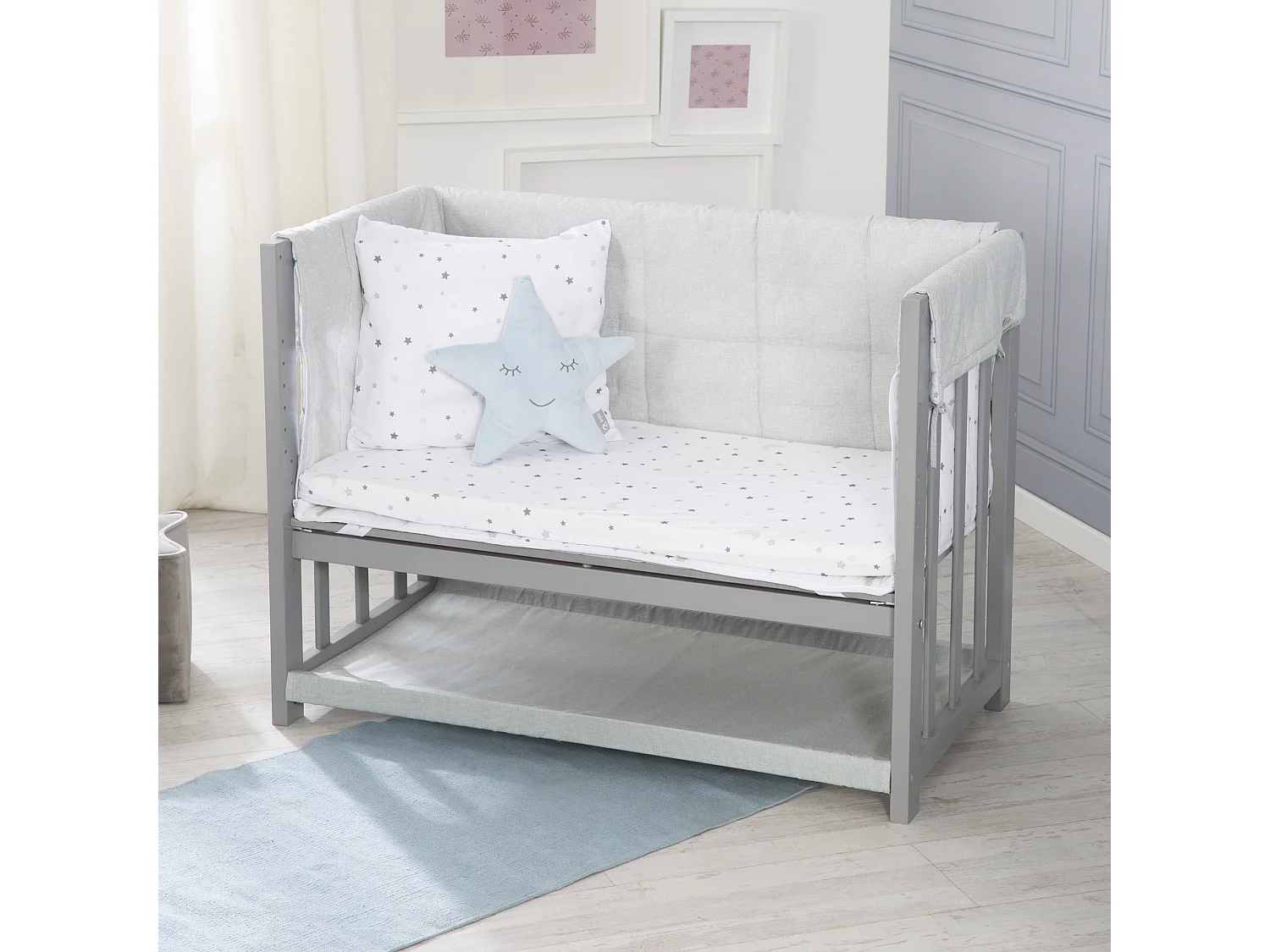 Lit Bébé 3 en 1 Roba en Gris Design Magique Étoile avec Matelas et Ensemble de Literie
