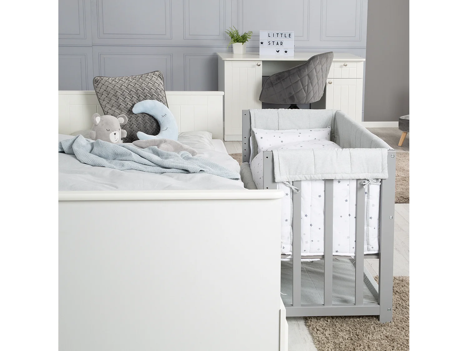 Lit Bébé 3 en 1 Roba en Gris Design Magique Étoile avec Matelas et Ensemble de Literie
