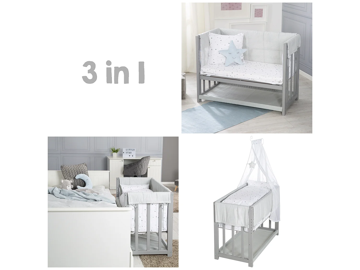 Lit Bébé 3 en 1 Roba en Gris Design Magique Étoile avec Matelas et Ensemble de Literie