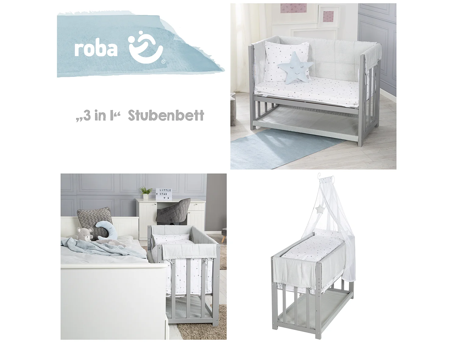 Lit Bébé 3 en 1 Roba en Gris Design Magique Étoile avec Matelas et Ensemble de Literie