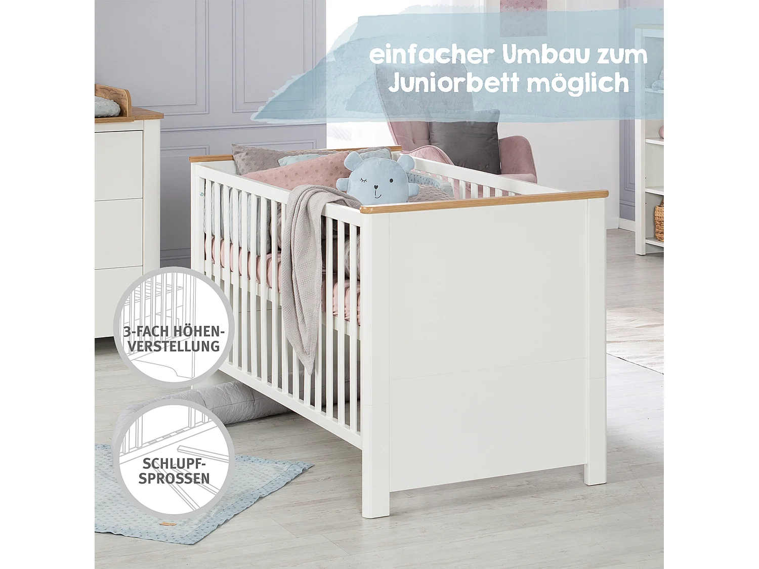 Lit bébé roba Ava 70x140 cm Blanc Bois de Chêne Lit Junior Convertible