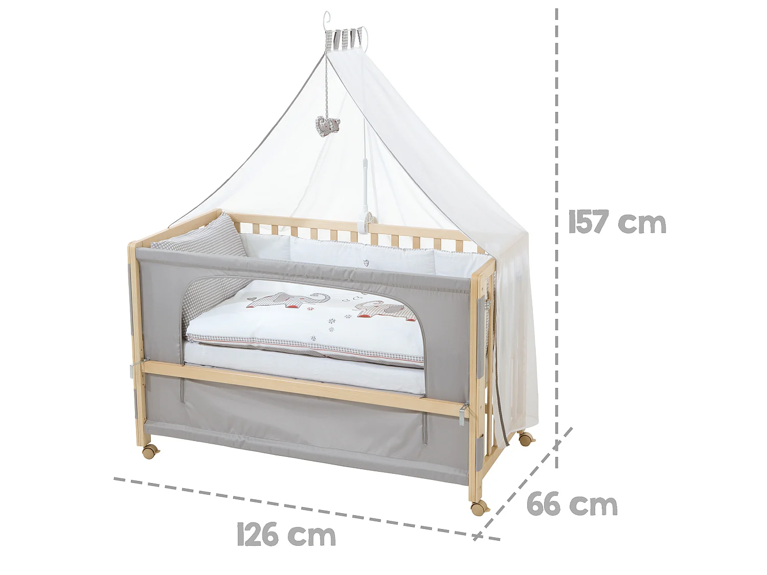 Lit Roba Room 60x120 cm Junbo Jumeaux Gris avec Hauteur Réglable et Roues Mobiles