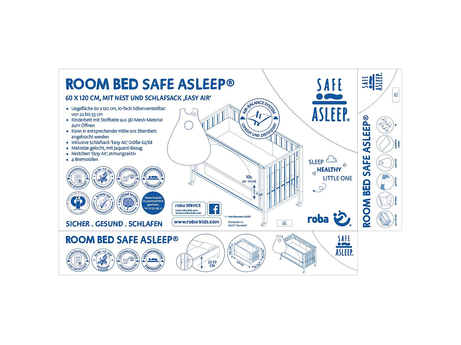 roba Room Bed 60x120 cm Sternenzauber - Beistellbett, Stubenbett, Kinderbett, safe asleep® Nestchen, Schlafsack Easy Air