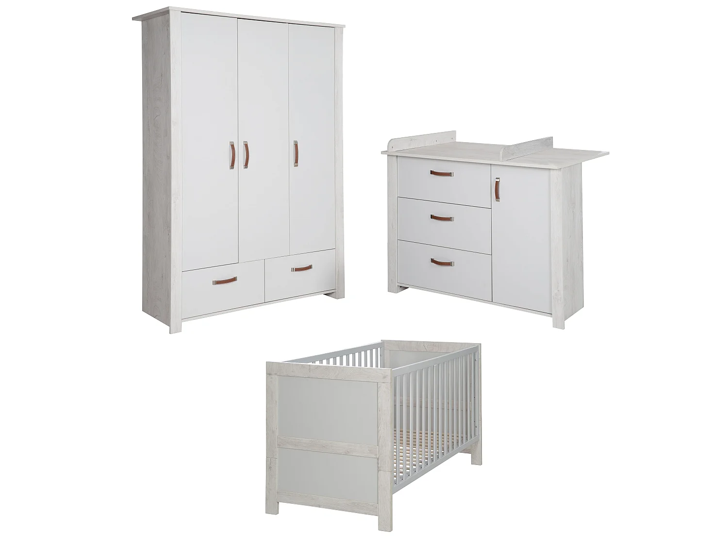 Ensemble de chambre de bébé Roba Mila 3 pièces en blanc et décor Goldeiche avec design moderne et poignées aspect cuir