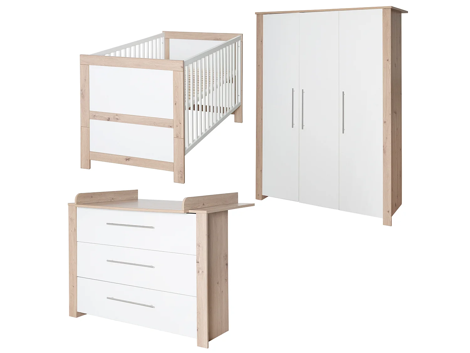 Ensemble de chambre de bébé 'Ira' 3 pièces avec décoration blanche et en bois 'Wildeiche' - Design moderne