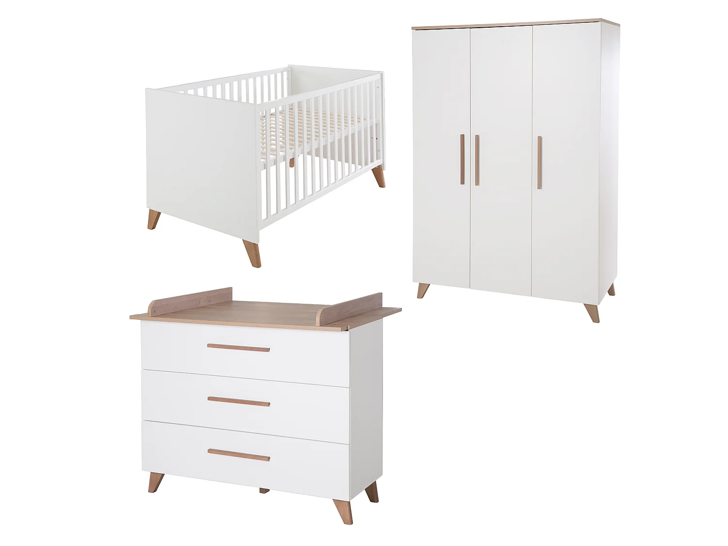 Ensemble de chambre de bébé moderne 'Lennie' 3 pièces en blanc et design chêne côtier