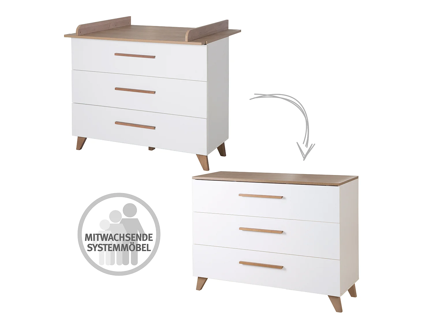 Ensemble de chambre de bébé moderne 'Lennie' 3 pièces en blanc et design chêne côtier