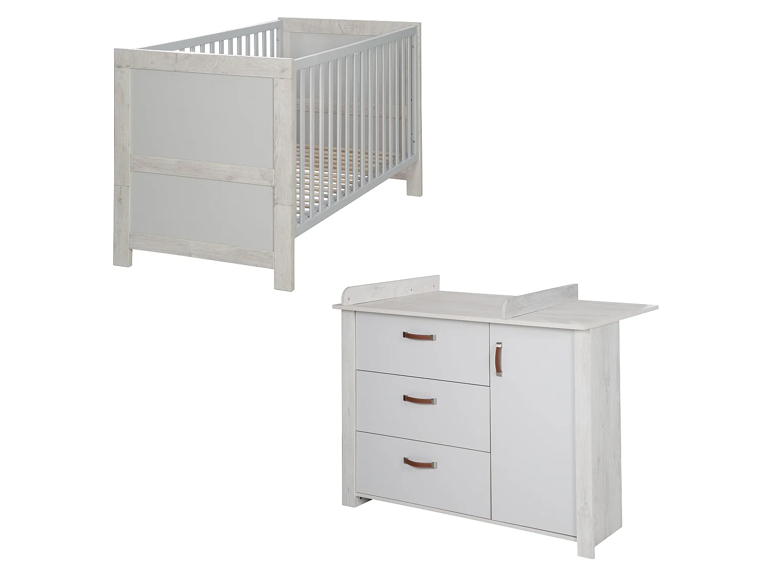 Ensemble de mobilier pour bébé moderne en 2 pièces Mila en finition gris clair et chêne blanc