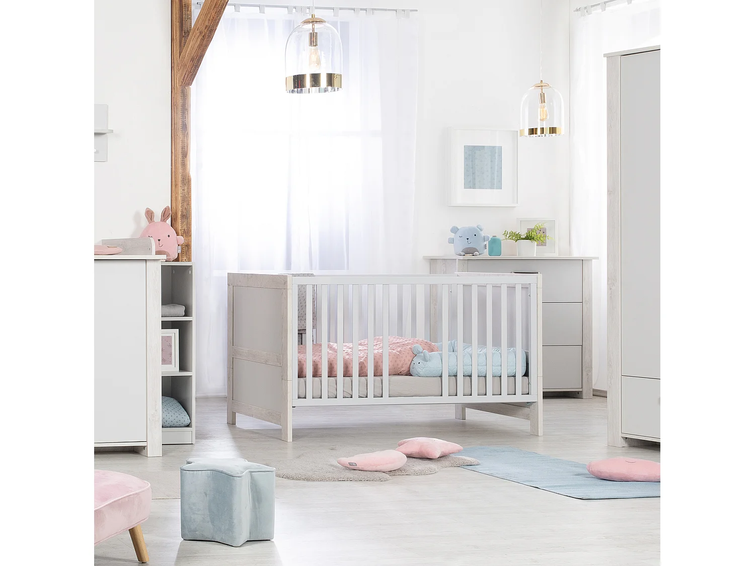 Ensemble de mobilier pour bébé moderne en 2 pièces Mila en finition gris clair et chêne blanc