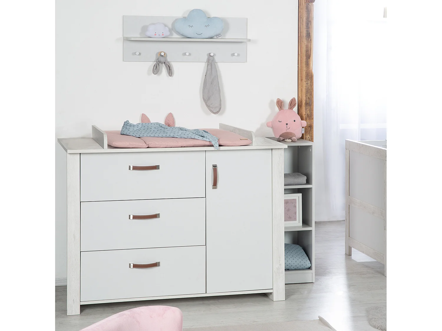 Ensemble de mobilier pour bébé moderne en 2 pièces Mila en finition gris clair et chêne blanc