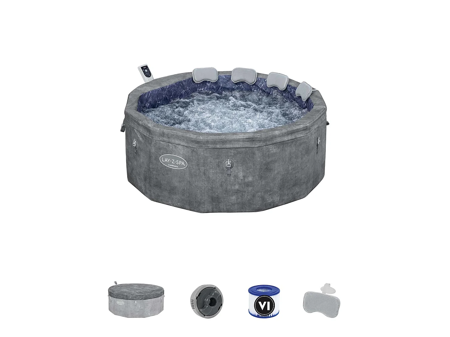 Spa gonflable Bestway Lay-Z-Spa Carrara rond 4 à 6 personnes, 140 buses AirJet, gris effet pierre