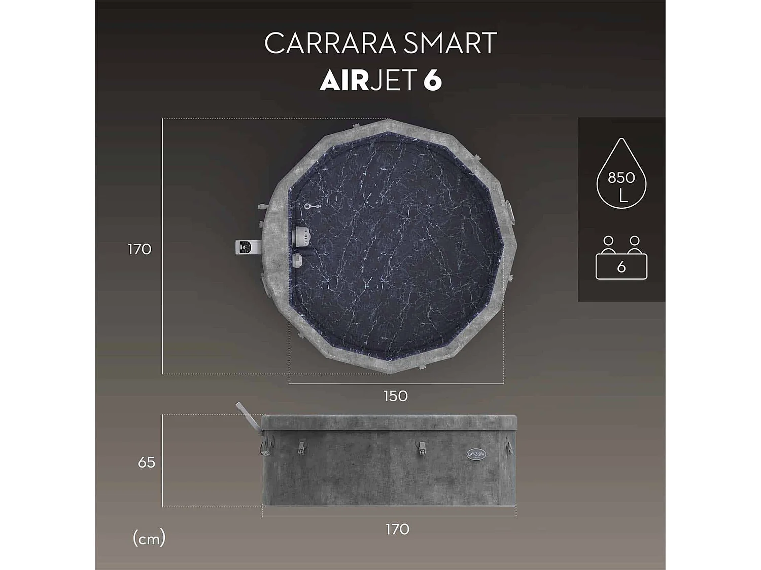 Spa gonflable Bestway Lay-Z-Spa Carrara rond 4 à 6 personnes, 140 buses AirJet, gris effet pierre