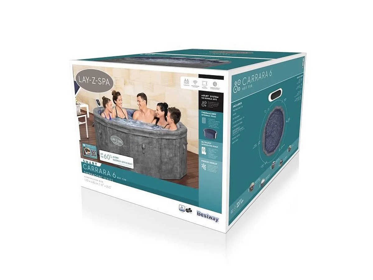 Spa gonflable Bestway Lay-Z-Spa Carrara rond 4 à 6 personnes, 140 buses AirJet, gris effet pierre