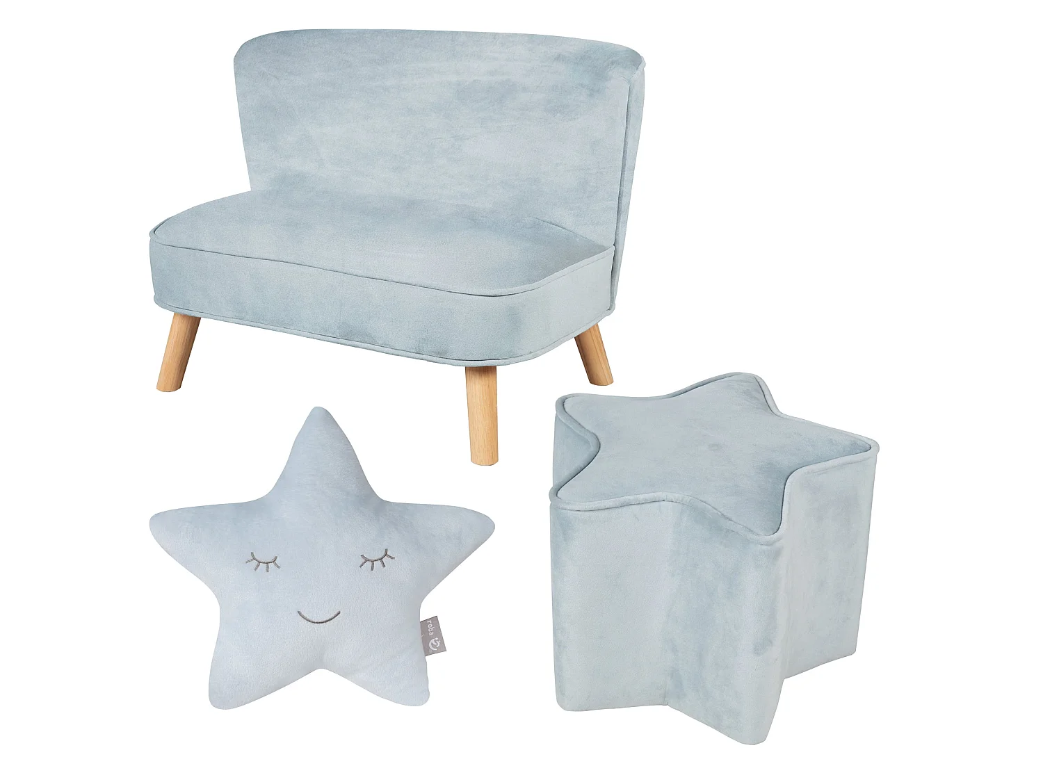Ensemble Canapé Roba Lil avec Canapé Enfant, Tabouret et Coussin en Bleu Ciel - Look Rétro, Tissu Velours