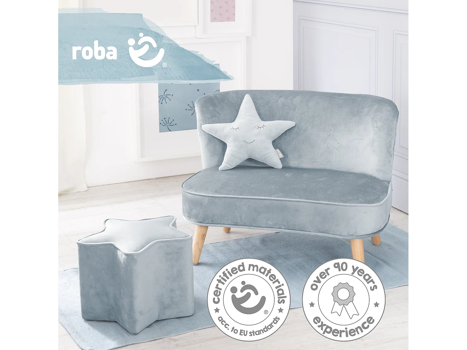 Ensemble Canapé Roba Lil avec Canapé Enfant, Tabouret et Coussin en Bleu Ciel - Look Rétro, Tissu Velours