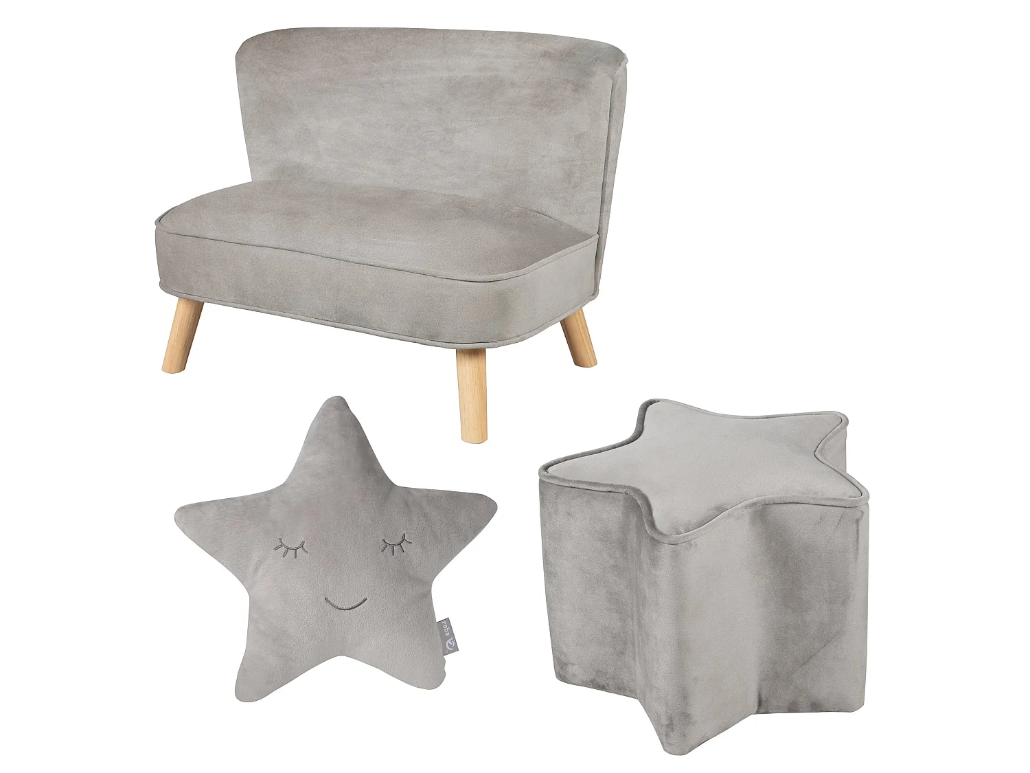 Ensemble Canapé Roba Lil avec Canapé Enfant, Tabouret Enfant & Coussin en Forme d'Étoile en Gris Argenté